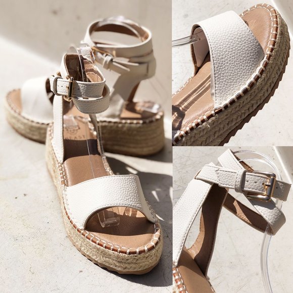 NEW Off White Ivory Ankle Wrap Lace Up Buckle Platform Espadrille Sandals Shoes - Picture 14 of 15